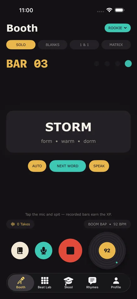 The Booth: a Solo practice session on bar 03, prompting the word STORM with rhymes form, warm, dorm.