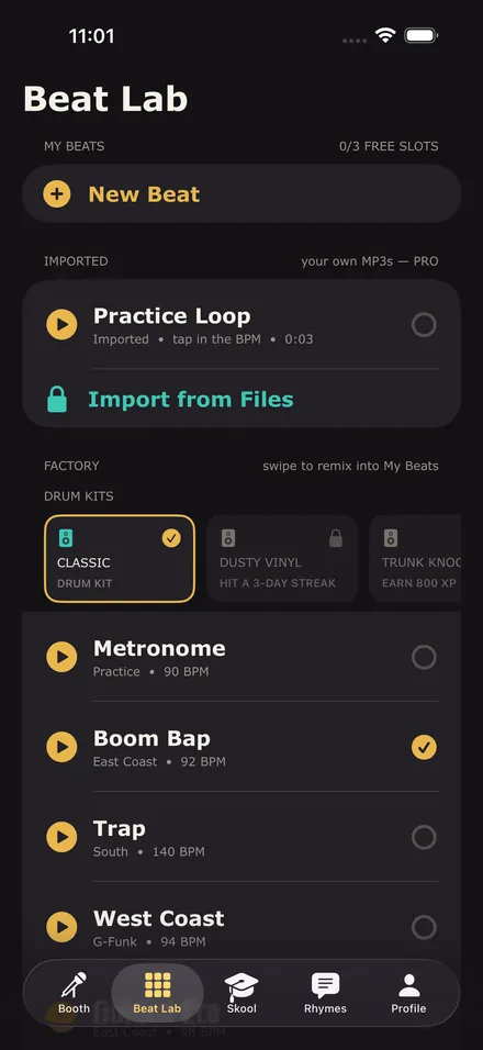 Beat Lab: drum kits and factory beats — Metronome, Boom Bap, Trap, West Coast — with BPMs.