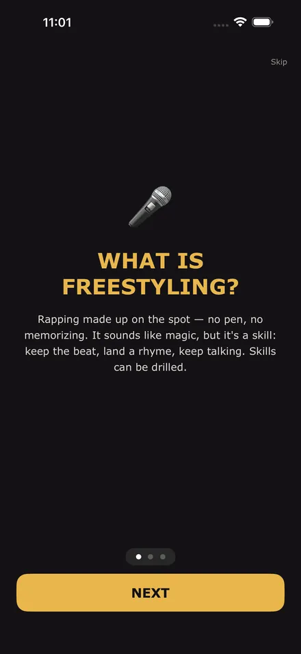 Onboarding: What is freestyling? Rapping made up on the spot — a skill that can be drilled.