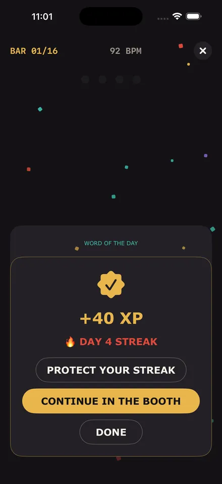 Word of the Day complete: plus 40 XP and a day 4 streak, with confetti.